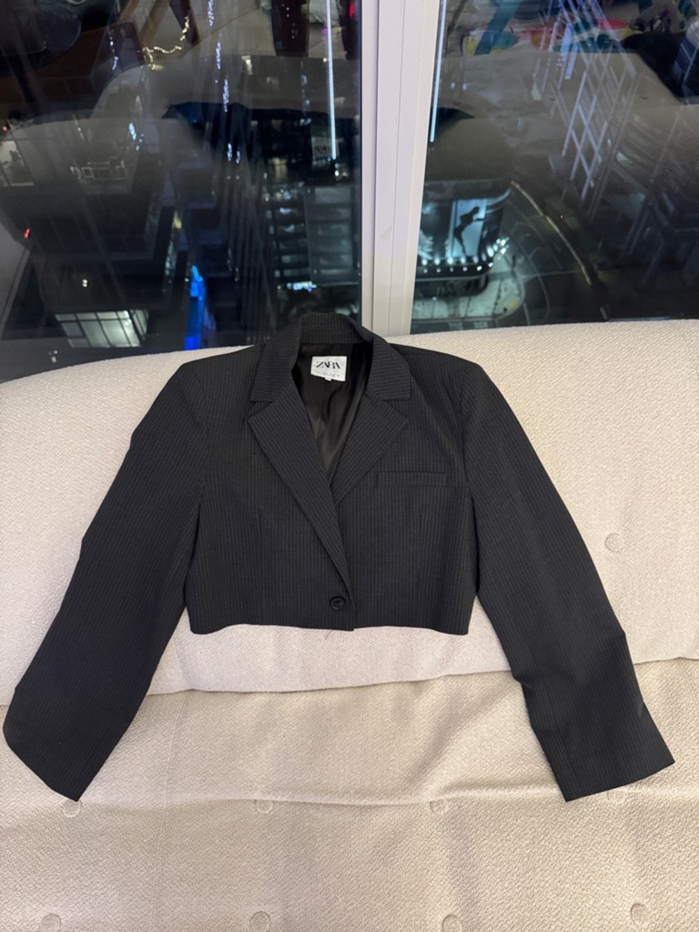 Zara Black Cropped Pinstripe Blazer